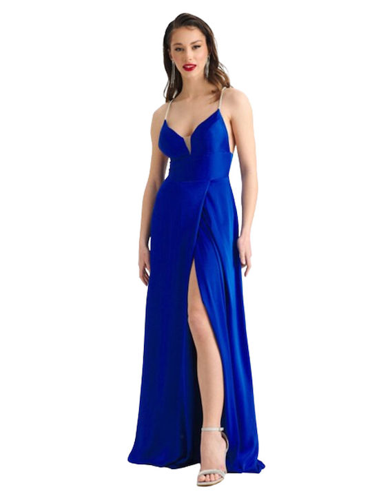 Kalliope Maxi Φόρεμα Σατέν Κρουαζέ με Σκίσιμο Μπλε