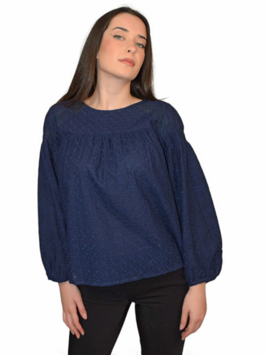 Morena Spain Damen Bluse Baumwolle Langärmelig Blau