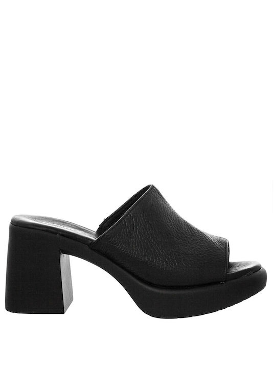 Adam's Shoes Δερμάτινα Mules με Τακούνι σε Μαύρο Χρώμα
