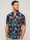 HAWAIIAN Short-sleeved Cotton Shirt Floral Darkblue