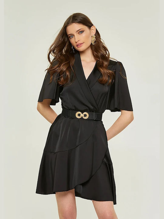 Lynne Dress Satin Wrap with Ruffle Black