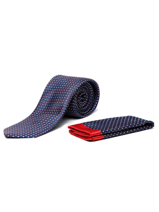Cravată pentru bărbați în albastru-roșu cu modele și eșarfă 220-62 - Albastru