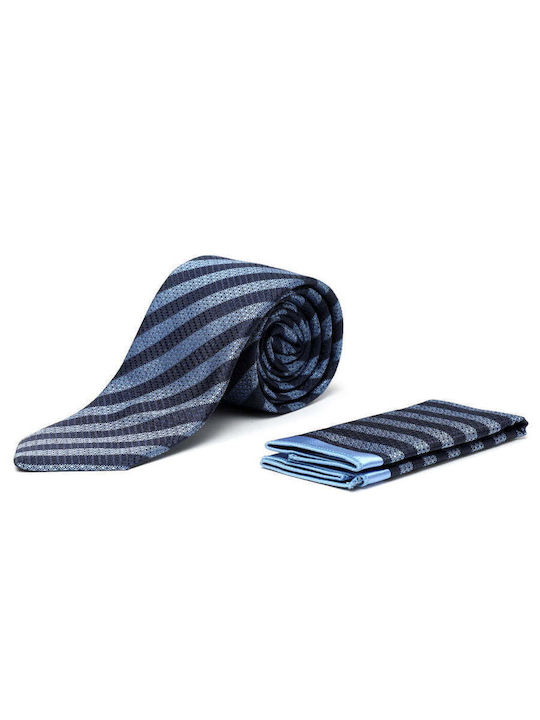 Ανδρική Γραβάτα Σε Αποχρώσεις Του Μπλε Με Ρίγες Και Μαντηλάκι 220-68 - Μπλε