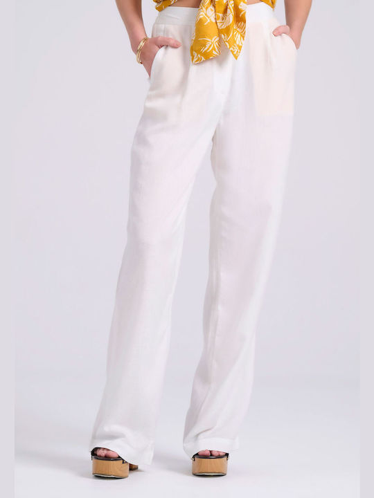 Wide Leg Linen Blend Pants with Single Piece Waistband