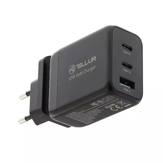 Tellur Φορτιστής Χωρίς Καλώδιο GaN με Θύρα USB-A και 2 Θύρες USB-C 65W Μαύρος (TLL151451)