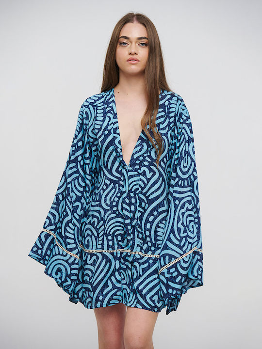 Kimono scurt albastru Ble cu design-uri, mărime unică (100% Crepe) cm 5-41-348-0849