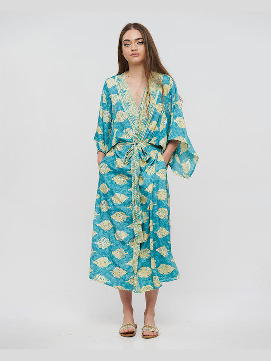 Ble Kimono lang mit türkisem Gürtel mit Blättern und goldenen Details Einheitsgröße(100% Krepp)cm 5-41-348-0759