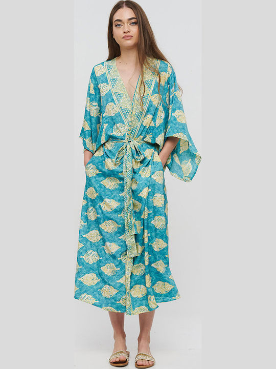 Blue Long Kimono with Belt Turquoise with Leaves and Gold Details One Size (100% Crepe) cm 5-41-348-0759