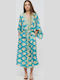 Blue Long Kimono with Belt Turquoise with Leaves and Gold Details One Size (100% Crepe) cm 5-41-348-0759