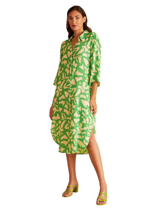 Harmony Γυναικείο Φόρεμα Viscose 3/4 Μανίκι Σακάκι Γιακάς Green Leaves (33-506629-type) Πράσινο