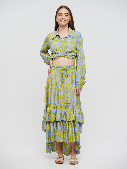 Ble Skirt Long Asymmetrical With Volan Green/Blue With Gold Details M/l (100% Crepe)cm 5-41-348-0843