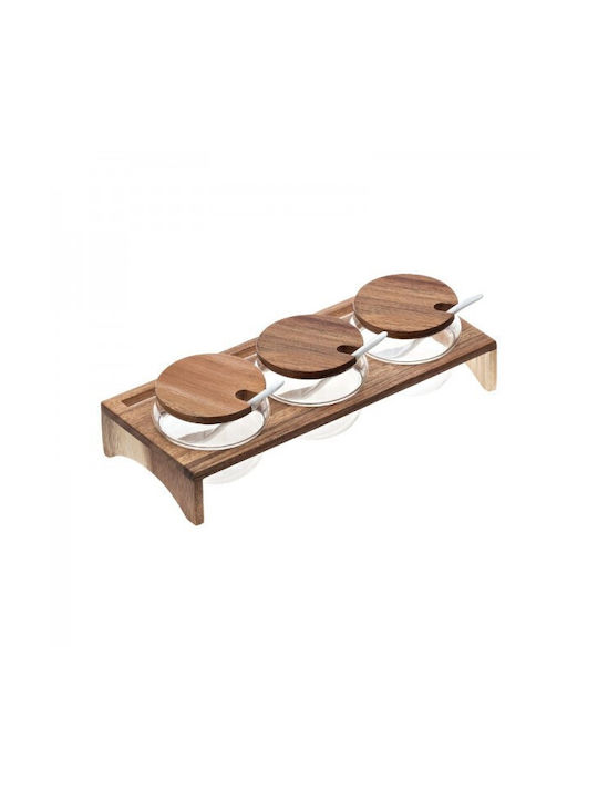 Leone Set of 3 General Use Jars with Lid and Wooden Brown Stand 250ml 3 Pieces
