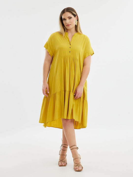 Mat Fashion Dress with Ruffle Yellow