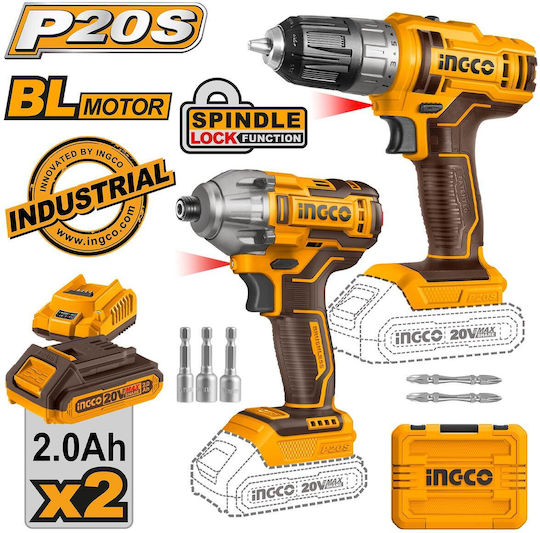 Ingco Set Drill Driver & Impact Screwdriver Brushless 20V with 2 Batteries 2Ah and Case