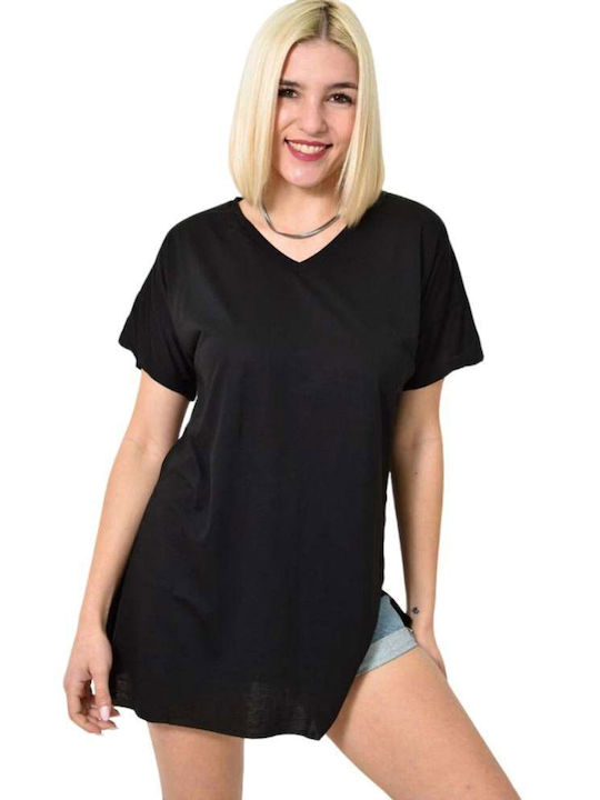 First Woman Women's Blouse Short Sleeve with V Neck Black