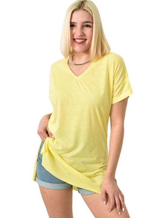 First Woman Women's Blouse Short Sleeve with V Neck Yellow