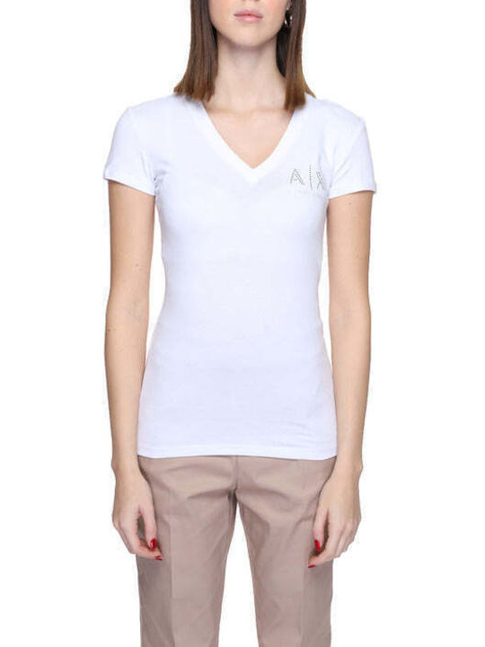 Armani Exchange Дамска Тениска с V-образно деколте Бял