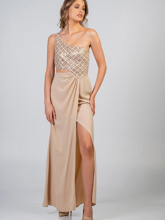 Bellino Maxi Evening Dress with Slit Beige