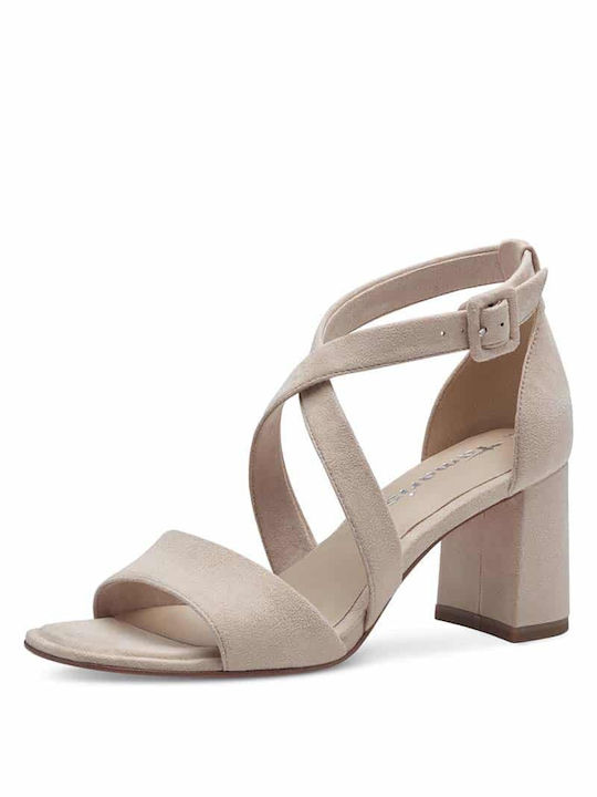 Tamaris Synthetic Leather Women's Sandals Beige with Medium Heel