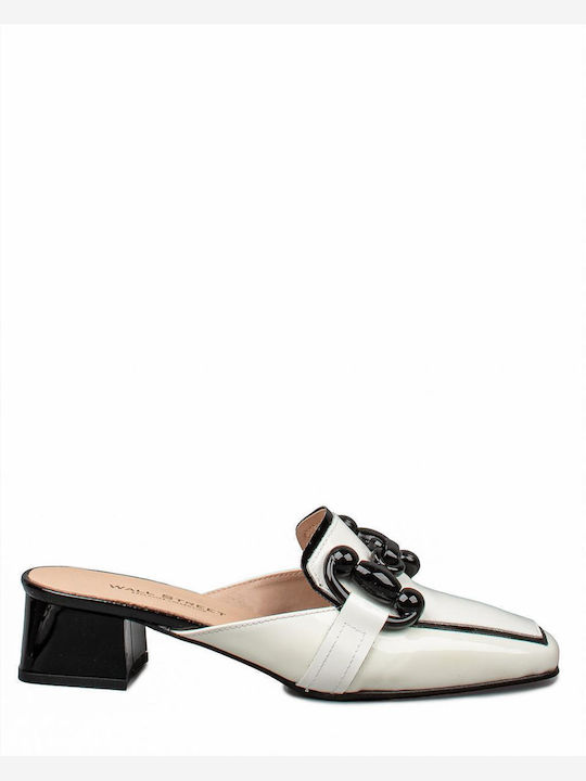 Wall Street Heel Leather Mules White