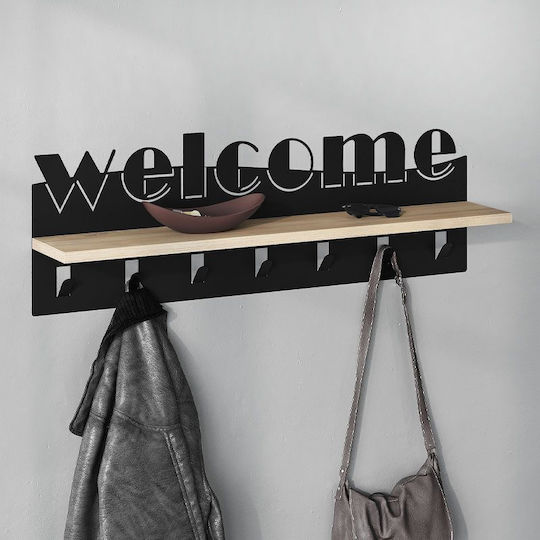 Megapap Wall Hanger Welcome Wooden 6-Hook Black 86x29x15.2cm