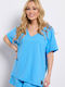 BodyTalk Women's Blouse Cotton Short Sleeve with V Neck Blue