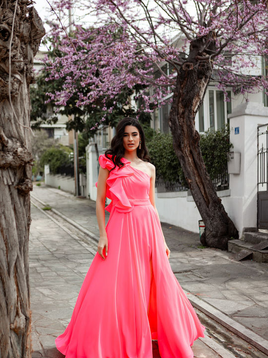 RichgirlBoudoir Καλοκαιρινό Maxi Βραδινό Φόρεμα με Βολάν Φλούο Ροζ