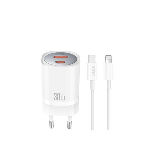 XO Charger with USB-A Port and USB-C Port and Cable USB-C - Lightning 30W Power Delivery Whites (CE21)