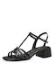 Tamaris Leather Women's Sandals Black with Thin Low Heel