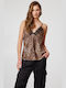 BSB Women's Satin Lingerie Top Animal Print with Lace Beige