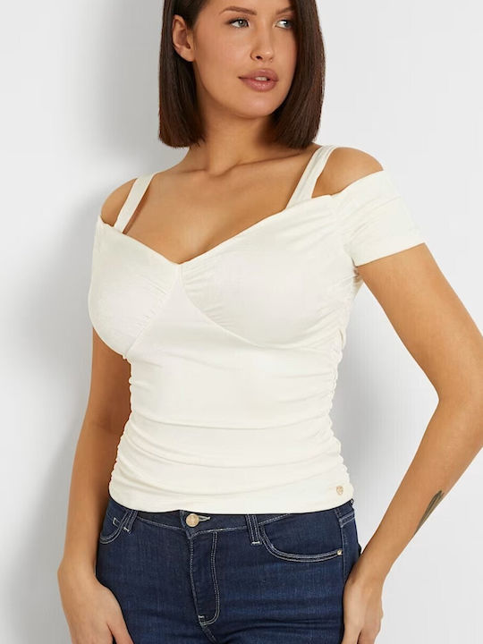 Guess Γυναικεία Μπλούζα Off-Shoulder Κοντομάνικη Μπεζ