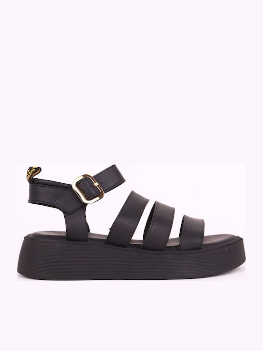 Δερμάτινα Γυναικεία Σανδάλια Flatforms Μαύρα