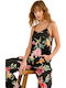 Damen Bluse Ärmellos mit V-Ausschnitt Blumen Schwarz