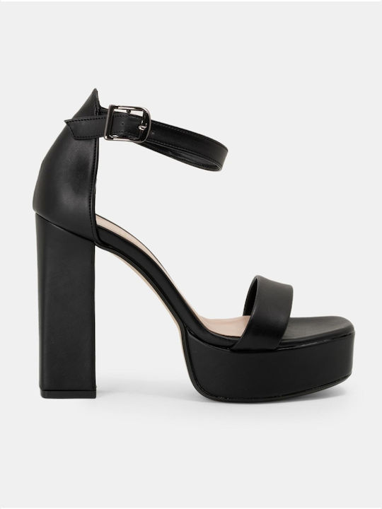 Bozikis Platform Synthetic Leather Women's Sandals with Ankle Strap Black with Chunky High Heel
