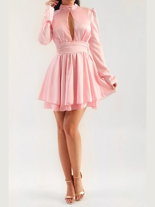 DOT Mini Dress Satin with Ruffle Pink