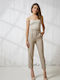 Enzzo Women's High-waisted Fabric Trousers with Elastic in Straight Line Beige