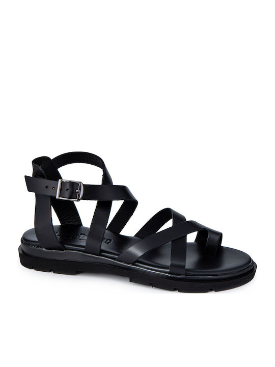 Lady Leder Flache Sandalen für Damen mit Riemen in Schwarz Farbe
