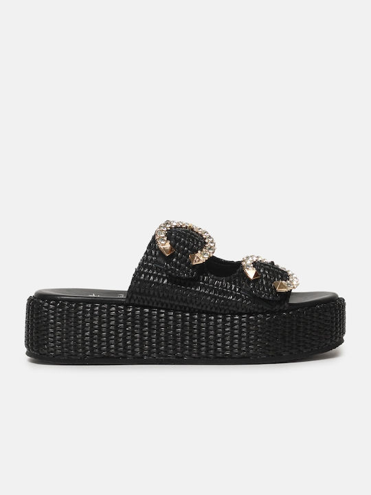 Mariella Fabiani Leather Women's Flat Sandals Flatforms in Black Color