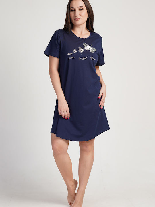 Vienetta Secret Summer Cotton Women's Nightdress Navy Blue