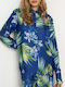 Toi&Moi Women's Satin Floral Long Sleeve Shirt Blue