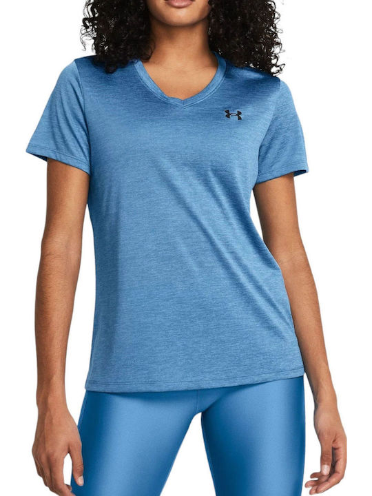 Women's Athletic Blouse Short Sleeve Fast Drying with V Neckline Light Blue