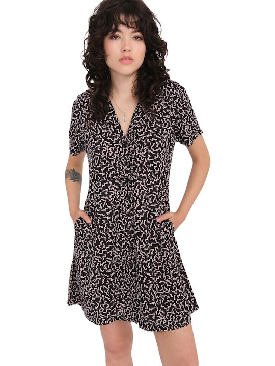 Stormy Tropix Sommer Mini Hemdkleid mit Rüschen Schwarz