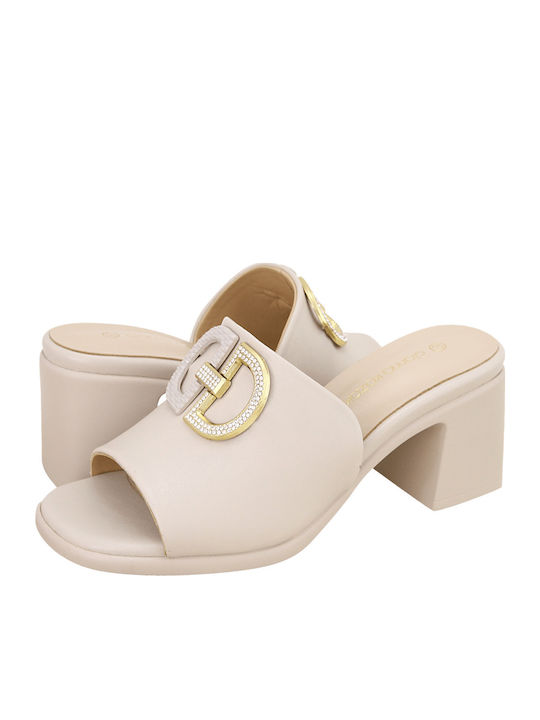 Merrion Leather Mules with Chunky Heel in Ecru Color