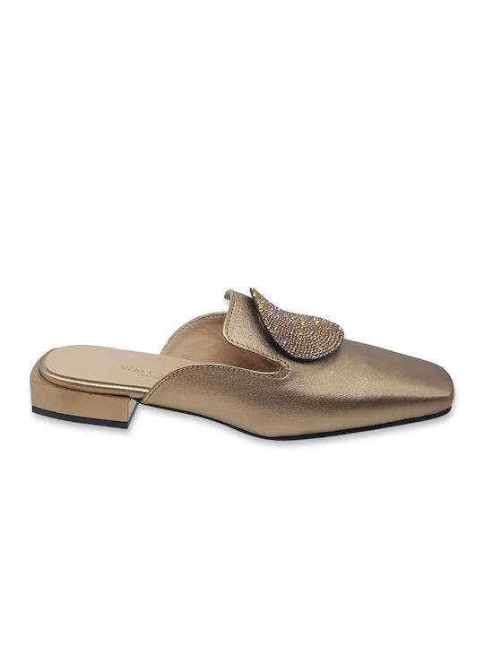 Wall Street Heel Leather Mules Gold