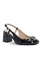 Leather Pointed Toe Black Heels with Strap