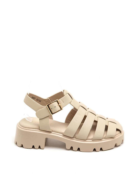 Keep Fred Synthetic Leather Women's Sandals with Ankle Strap Beige