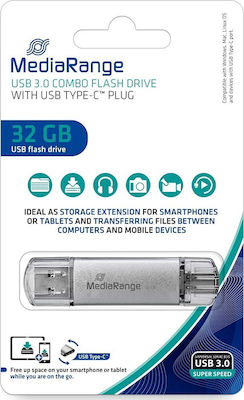 MediaRange 32GB USB 3.0 Stick cu conexiune USB-A & USB-C Gri