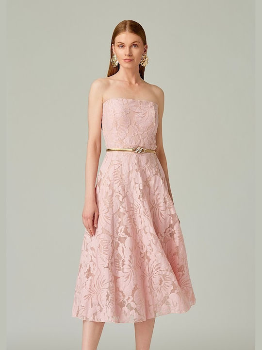 Lynne Midi Βραδινό Φόρεμα Strapless Baby Pink