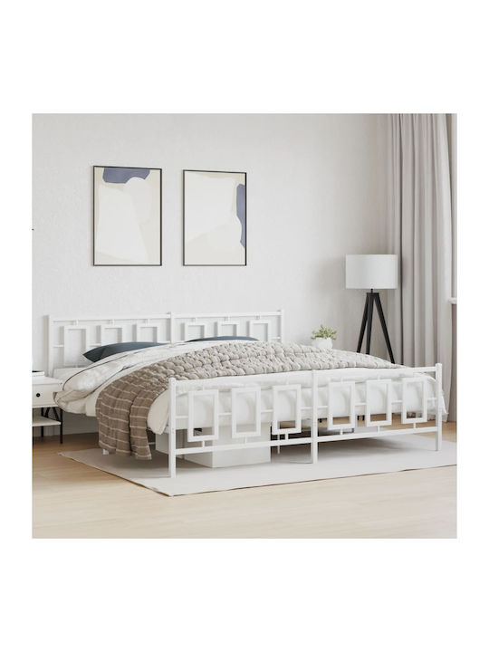 Bed King Size Metal White with Slats for Mattress 193x203cm