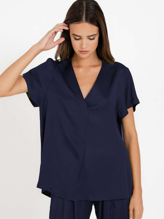 Philosophy Wear Women's Satin Short Sleeve Shirt Navy Blue